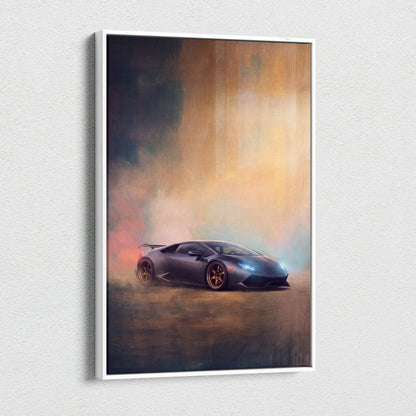 Black lamborghini huracán sports car canvas art print featuring dynamic drift pose with glowing headlights and golden rims