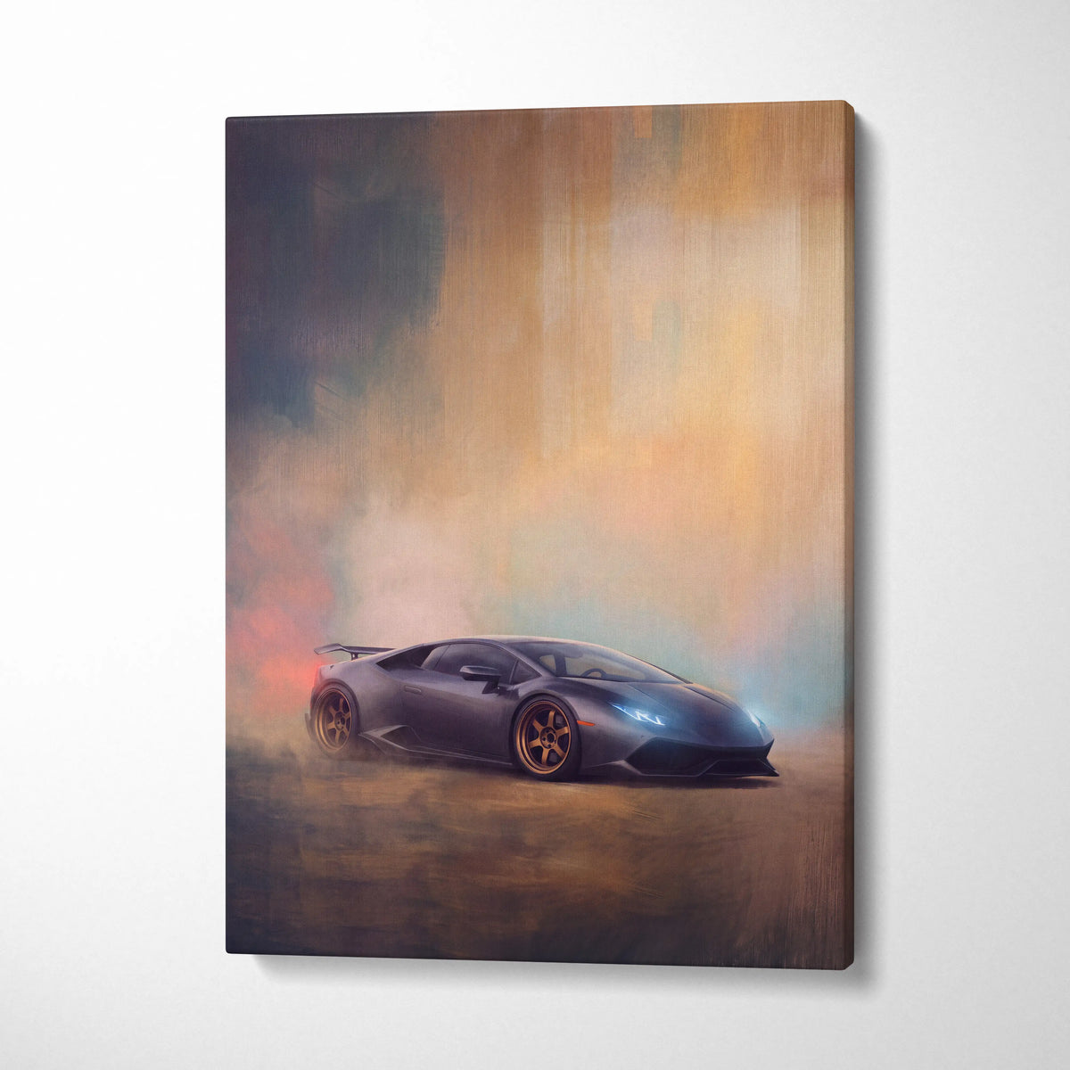 Lamborghini Huracán inspired supercar canvas art featuring a matte black car with gold wheels drifting in smoke