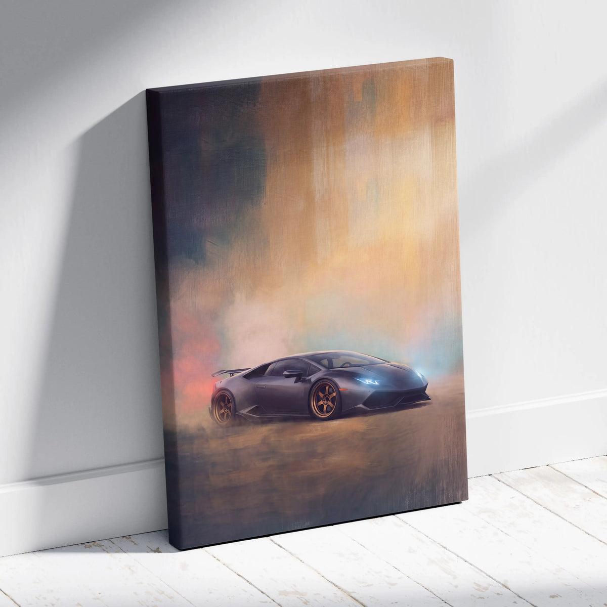 Lamborghini Huracán inspired supercar canvas art featuring black car with glowing blue headlights and gold rims on smoky backdrop
