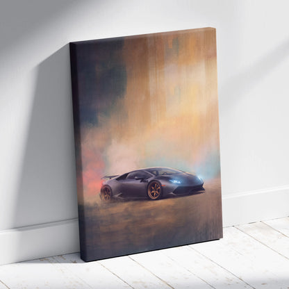 Lamborghini Huracán inspired supercar canvas art featuring black car with glowing blue headlights and gold rims on smoky backdrop