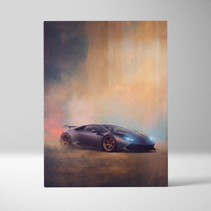 Lamborghini Huracán inspired supercar canvas art featuring a dark gray sports car with gold rims in smoky atmosphere