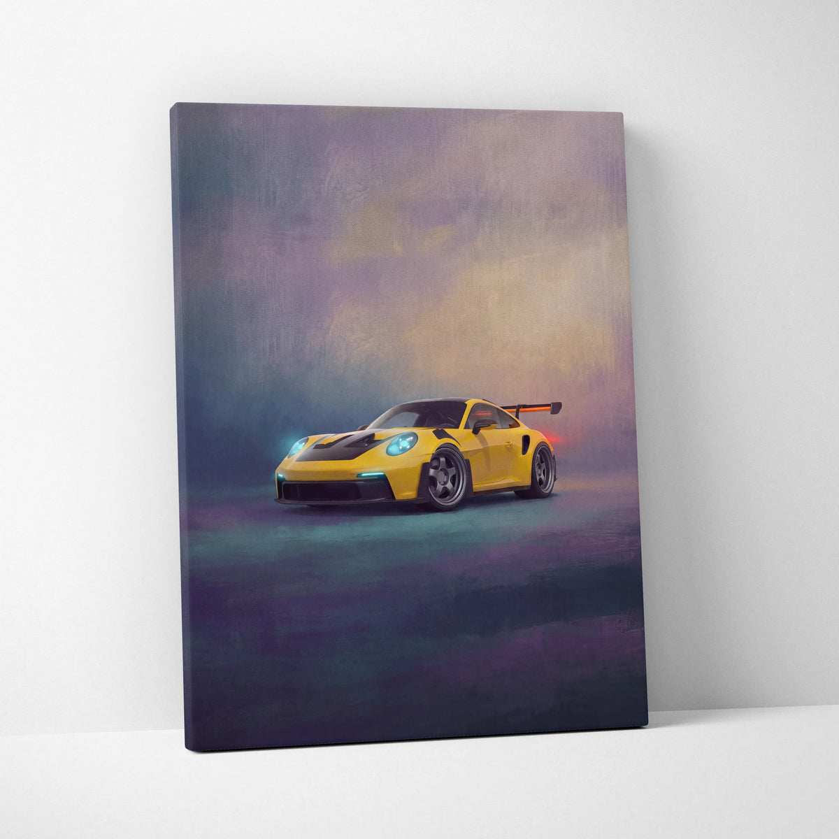 Vibrant yellow porsche 911 gt3 rs inspired canvas art with glowing blue headlights and purple blue sky backdrop
