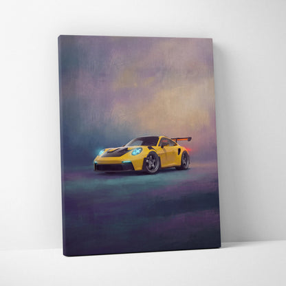 Vibrant yellow porsche 911 gt3 rs inspired canvas art with glowing blue headlights and purple blue sky backdrop