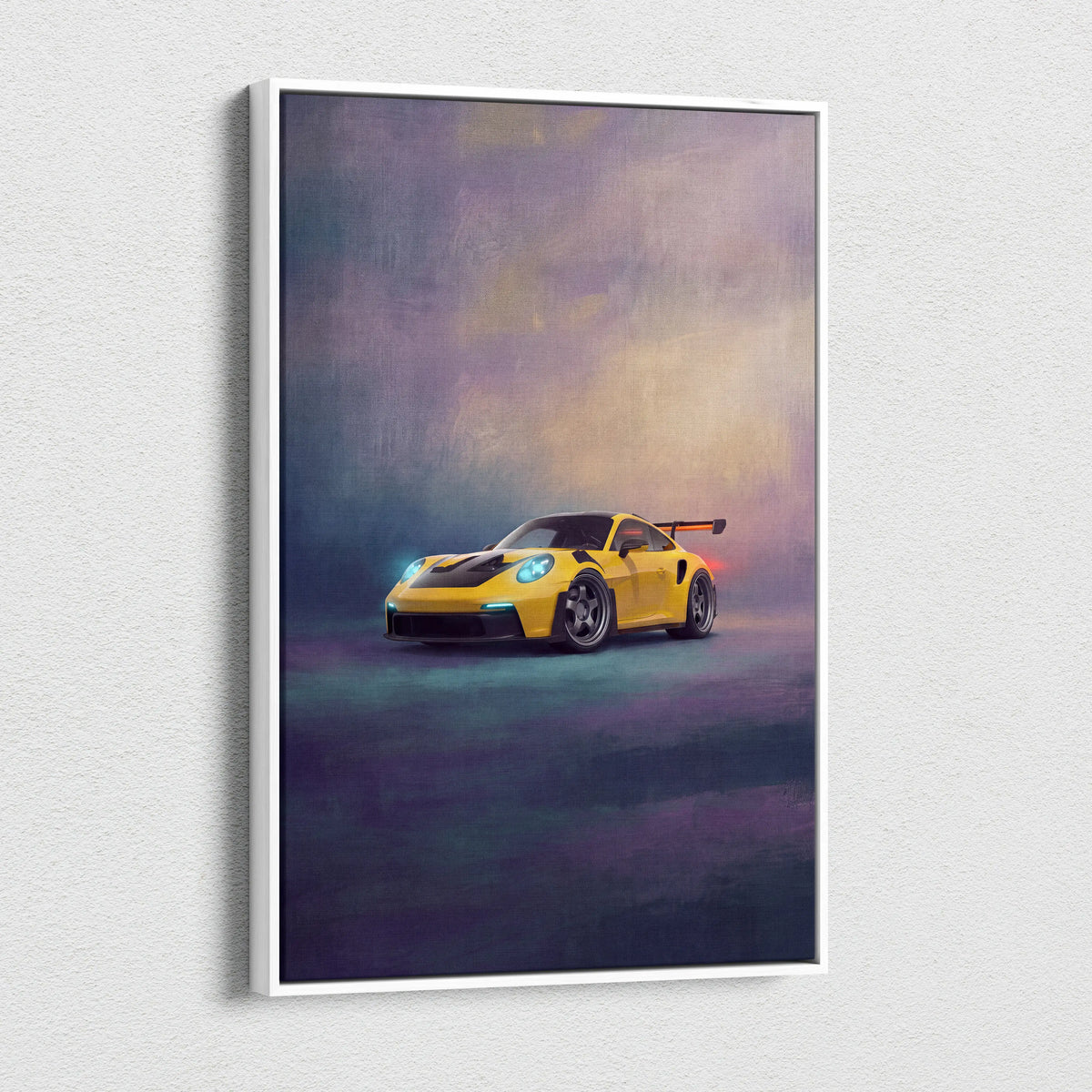 Yellow Porsche 911 GT3 RS inspired canvas art featuring a sports car with black racing stripes and glowing blue headlights