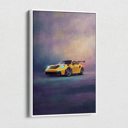 Yellow Porsche 911 GT3 RS inspired canvas art featuring a sports car with black racing stripes and glowing blue headlights