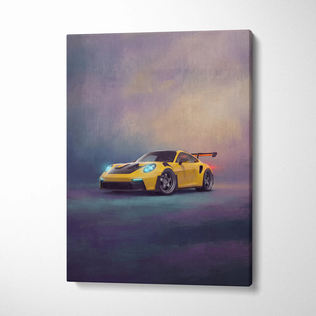 Porsche 911 gt3 rs inspired canvas art featuring vibrant yellow sports car with glowing blue headlights and rear wing