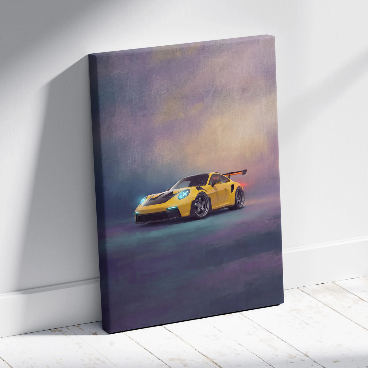 Porsche 911 gt3 rs inspired canvas art featuring vibrant yellow car with glowing blue headlights on white wall