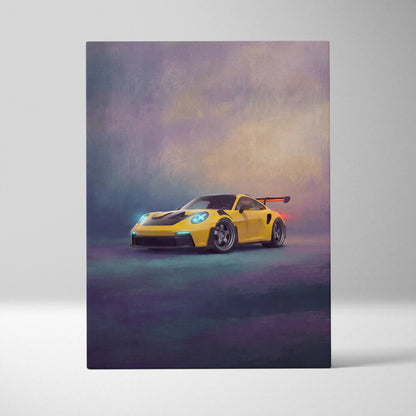 Porsche 911 GT3 RS inspired canvas art featuring vibrant yellow sports car with blue headlights and black racing stripe