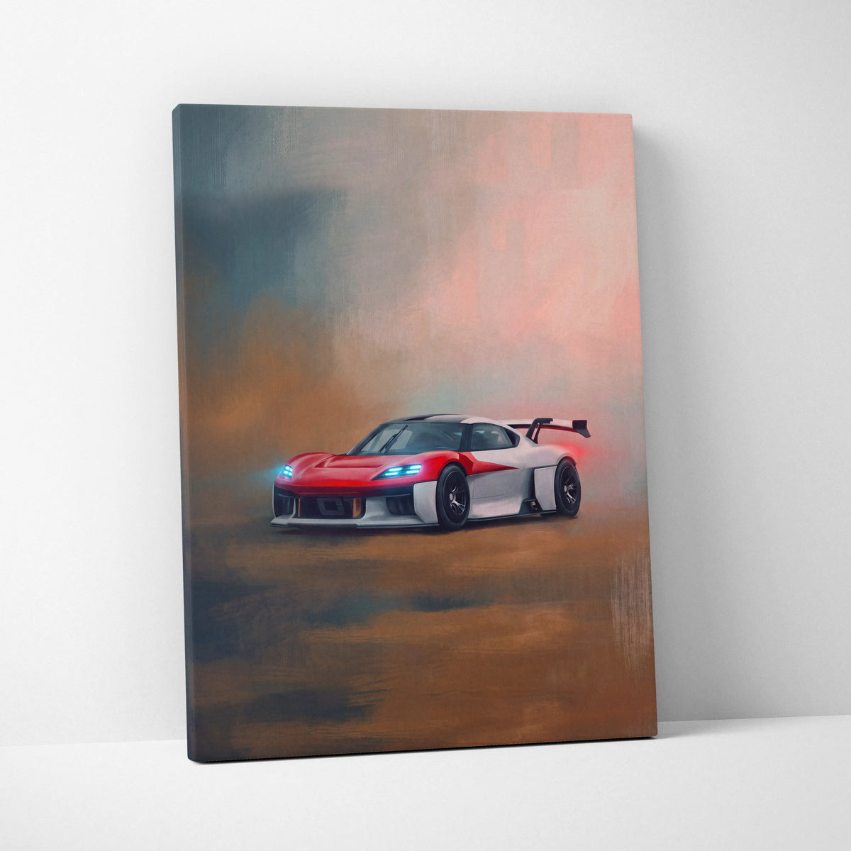Red and white porsche mission r inspired racing car canvas print with glowing blue headlights and smoky gradient sky background