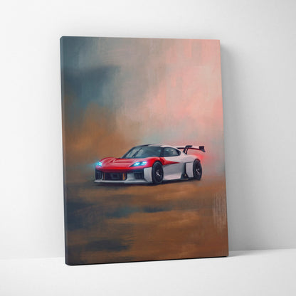 Red and white porsche mission r inspired racing car canvas print with glowing blue headlights and smoky gradient sky background