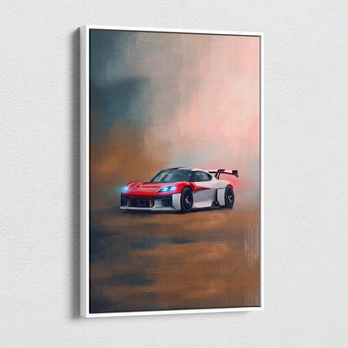 Red and white porsche mission r inspired sports car wall art in a sleek white frame canvas painting print