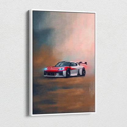 Red and white porsche mission r inspired sports car wall art in a sleek white frame canvas painting print