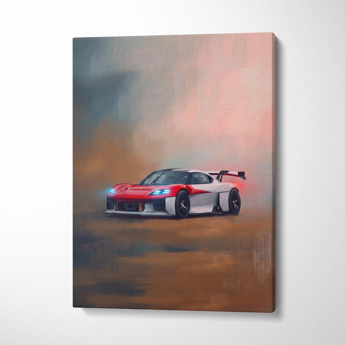 Porsche mission r inspired car wall art featuring a red and white futuristic race car with glowing blue headlights in motion