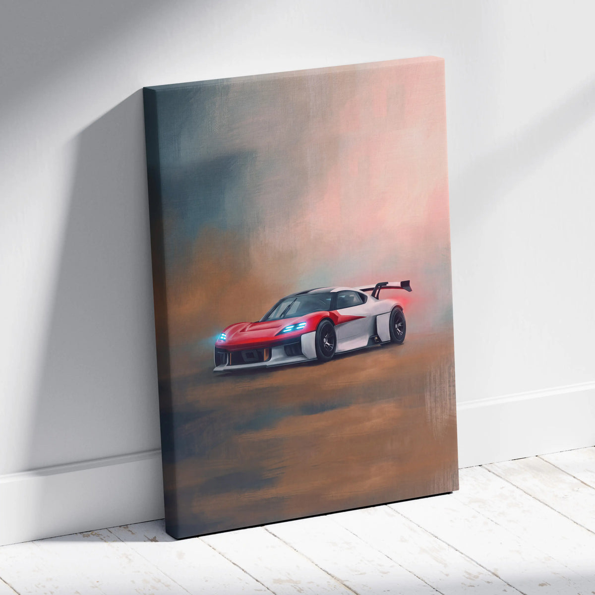 Porsche mission r inspired car wall art canvas print featuring a red and white racing car with glowing blue headlights
