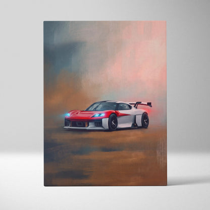 Red and white porsche mission r inspired car wall art canvas print with sleek aerodynamic design in dynamic motion