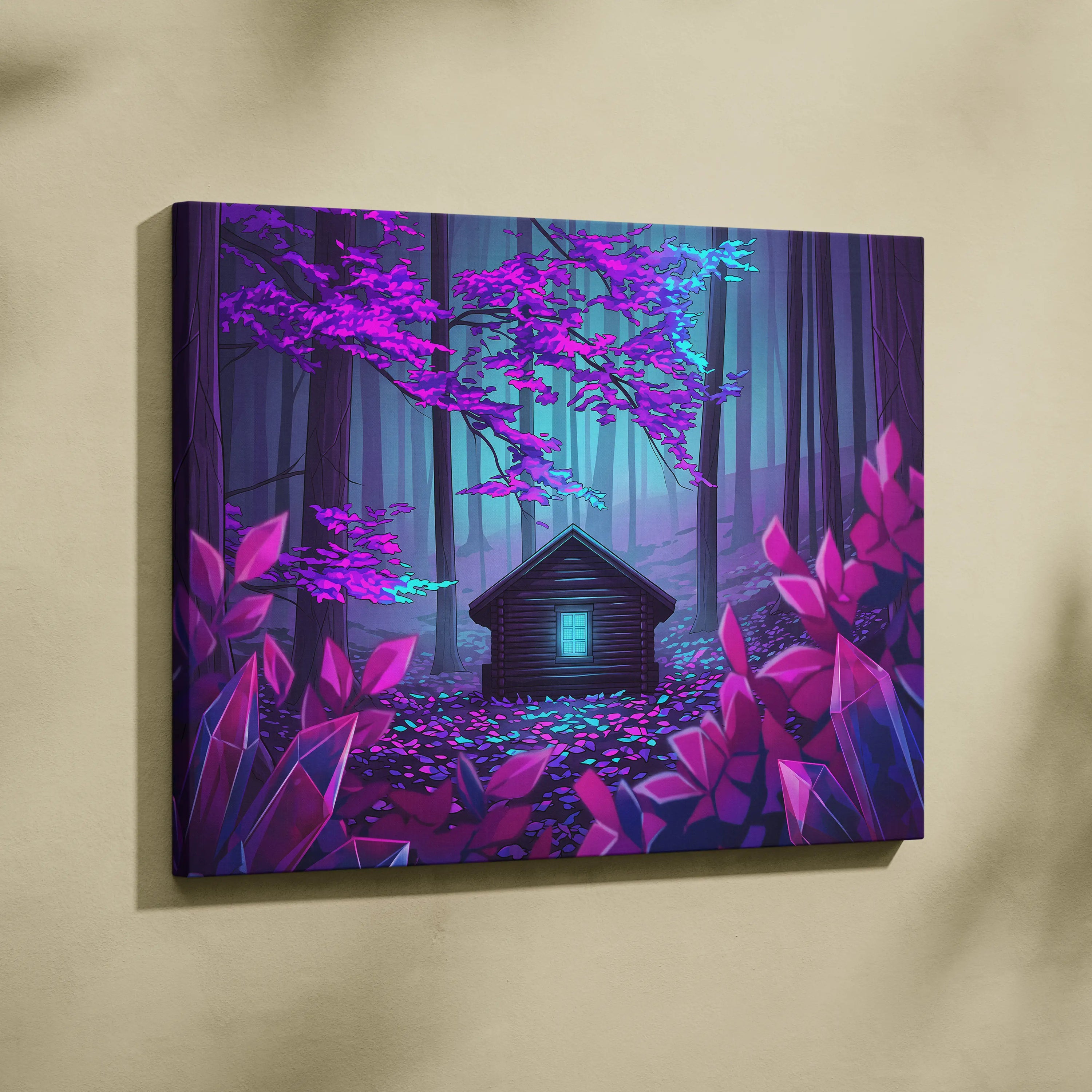 Neon Vaporwave Forest House - Vaporwave Landscape Neon Pink Cyan Living Room Retro Futurism Dreamy Synthwave Canvas Art