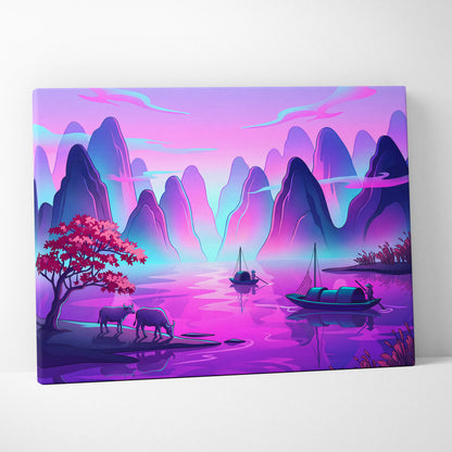 Neon Fuji Vaporwave Dreamscape - Mount Fuji Japan Landscape Neon Pastels Living Room Vaporwave Dreamy Mood Canvas Print