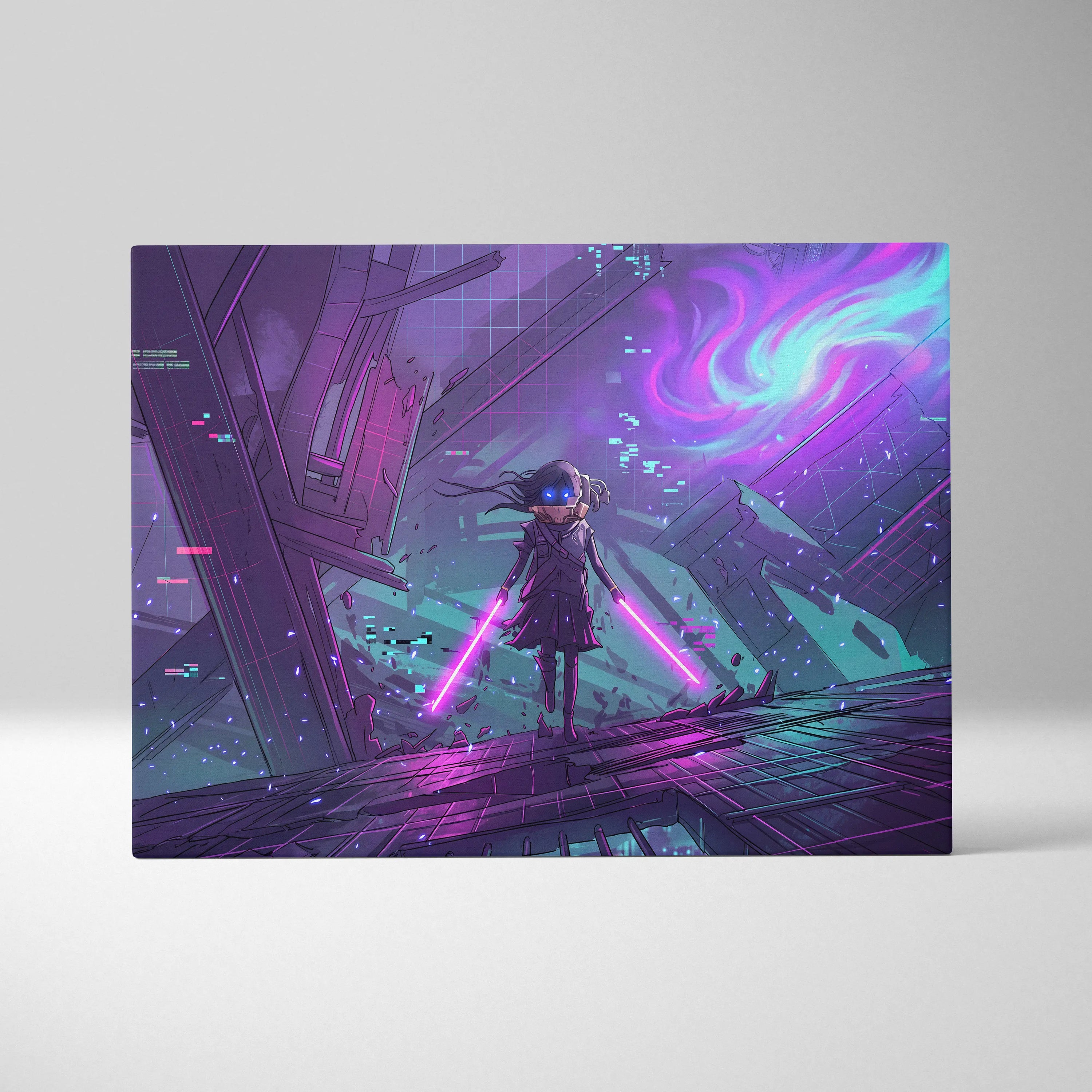 Vaporwave Neon Warrior Canvas - Vaporwave Warrior Purple Teal Art Retro Futurism Dreamy Neon Canvas Cyberpunk