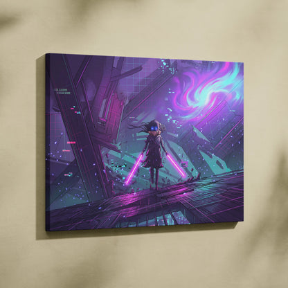 Vaporwave Neon Warrior Canvas - Vaporwave Warrior Purple Teal Art Retro Futurism Dreamy Neon Canvas Cyberpunk