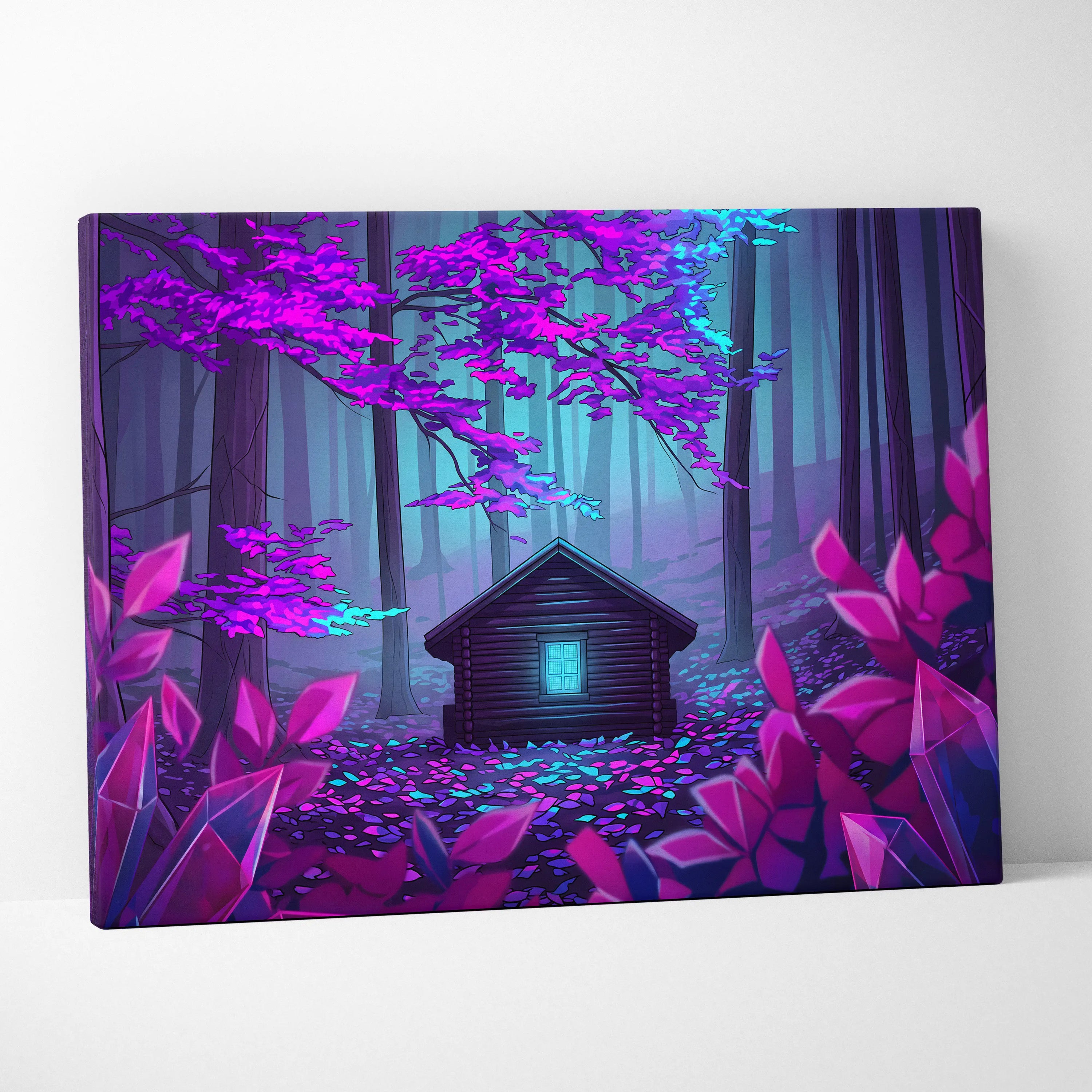 Neon Vaporwave Forest House - Vaporwave Landscape Neon Pink Cyan Living Room Retro Futurism Dreamy Synthwave Canvas Art