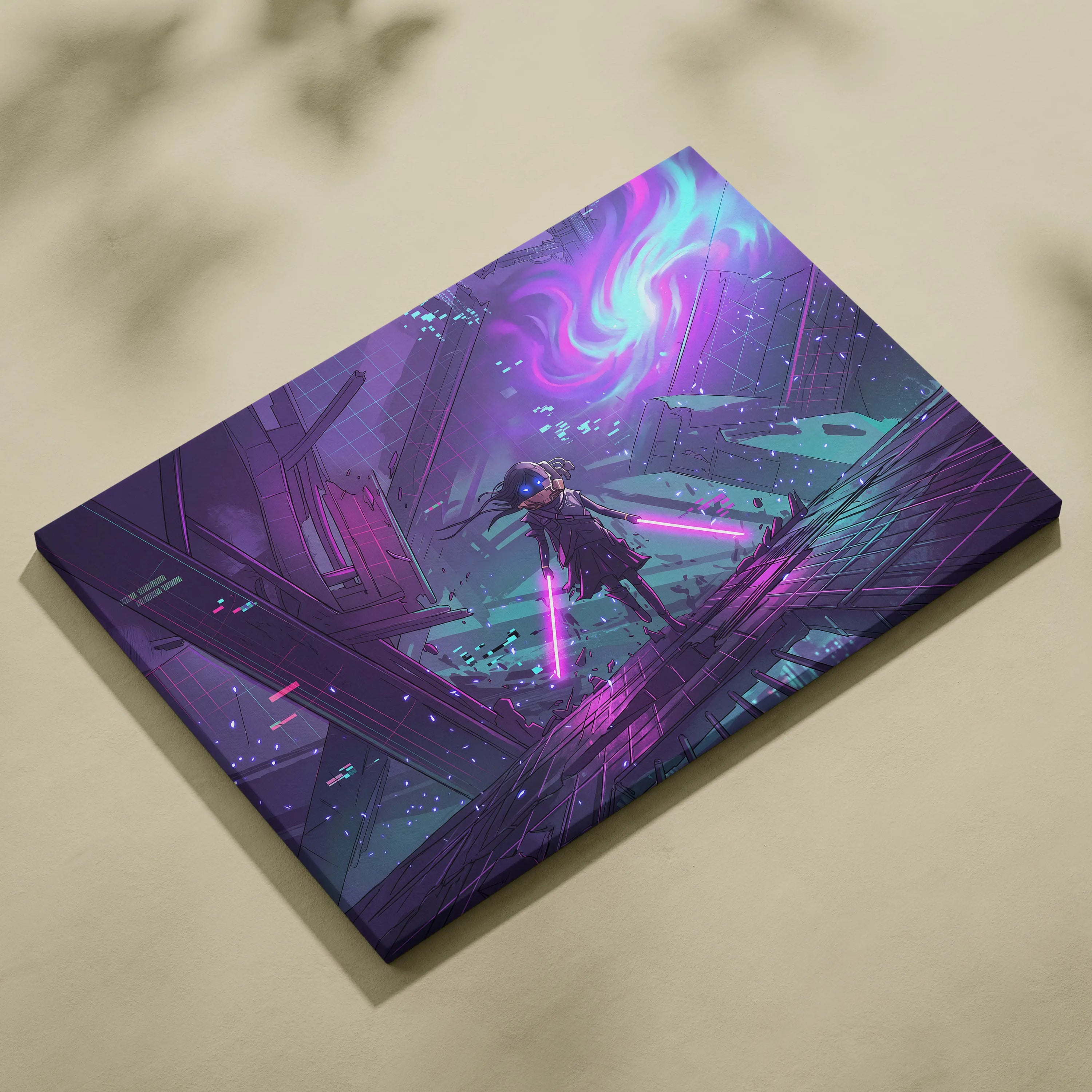 Vaporwave Neon Warrior Canvas - Vaporwave Warrior Purple Teal Art Retro Futurism Dreamy Neon Canvas Cyberpunk