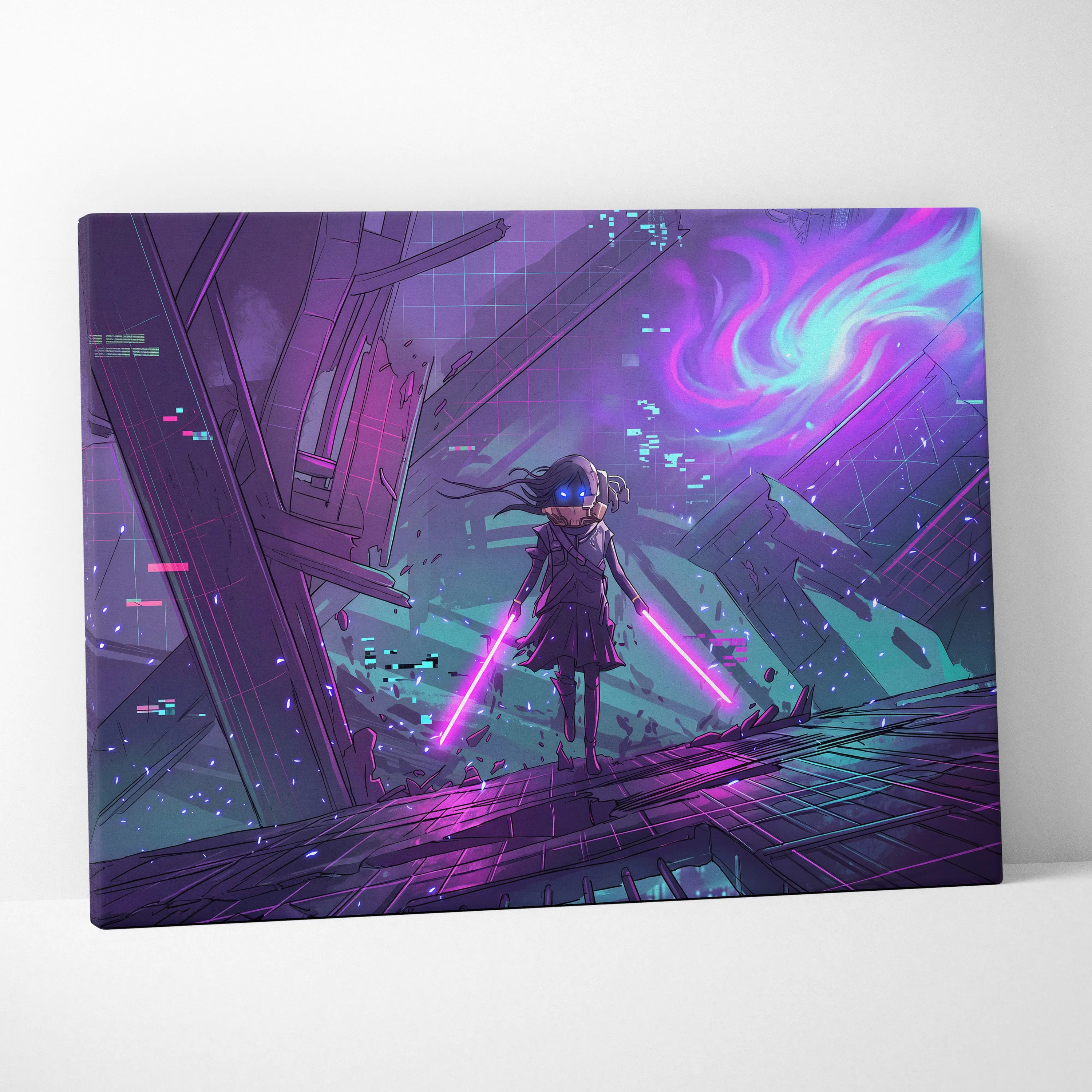 Vaporwave Neon Warrior Canvas - Vaporwave Warrior Purple Teal Art Retro Futurism Dreamy Neon Canvas Cyberpunk