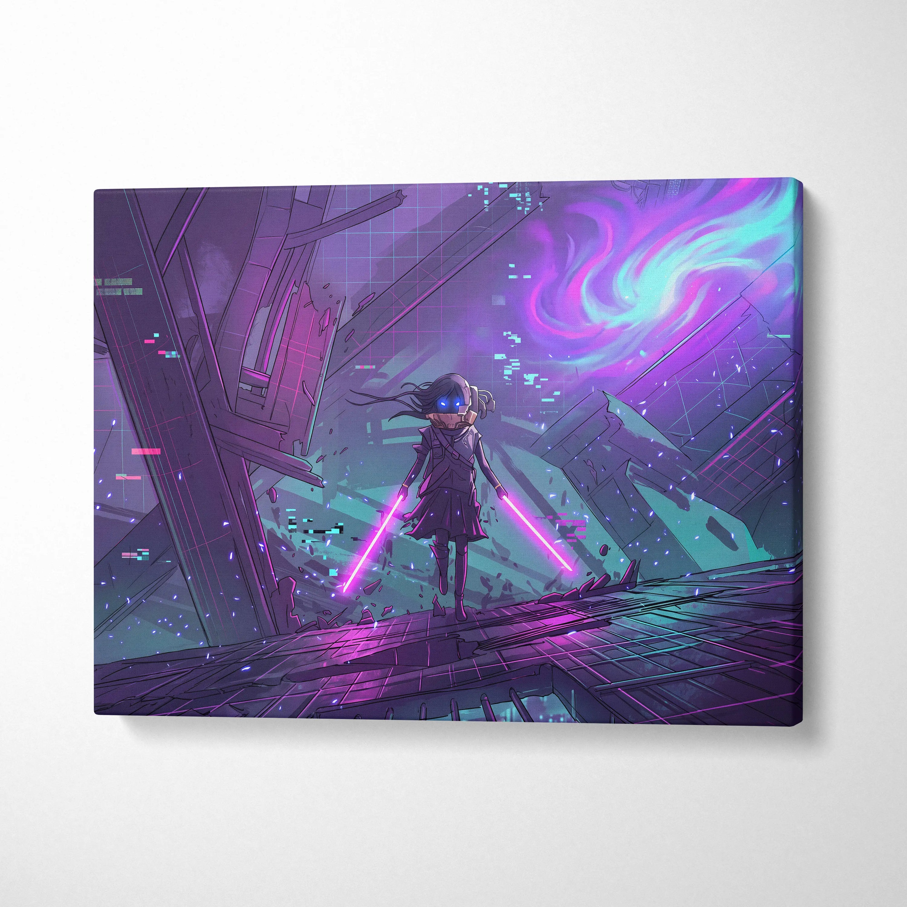 Vaporwave Neon Warrior Canvas - Vaporwave Warrior Purple Teal Art Retro Futurism Dreamy Neon Canvas Cyberpunk