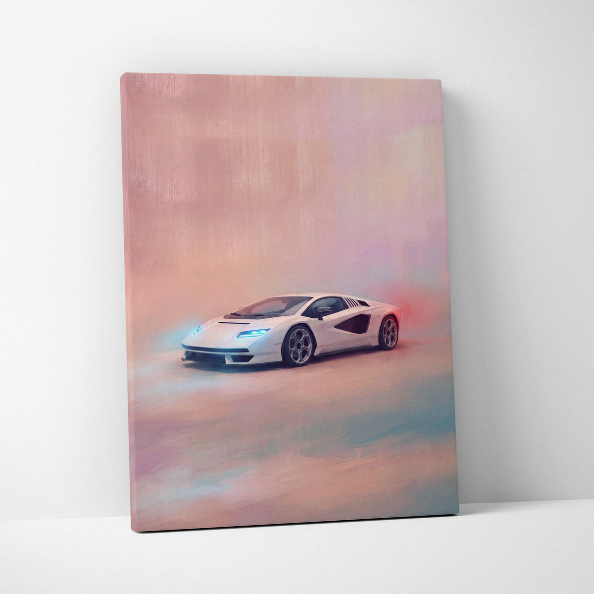 White lamborghini countach lpi 800-4 inspired sports car canvas print with blue headlights and red accents on pastel sky background