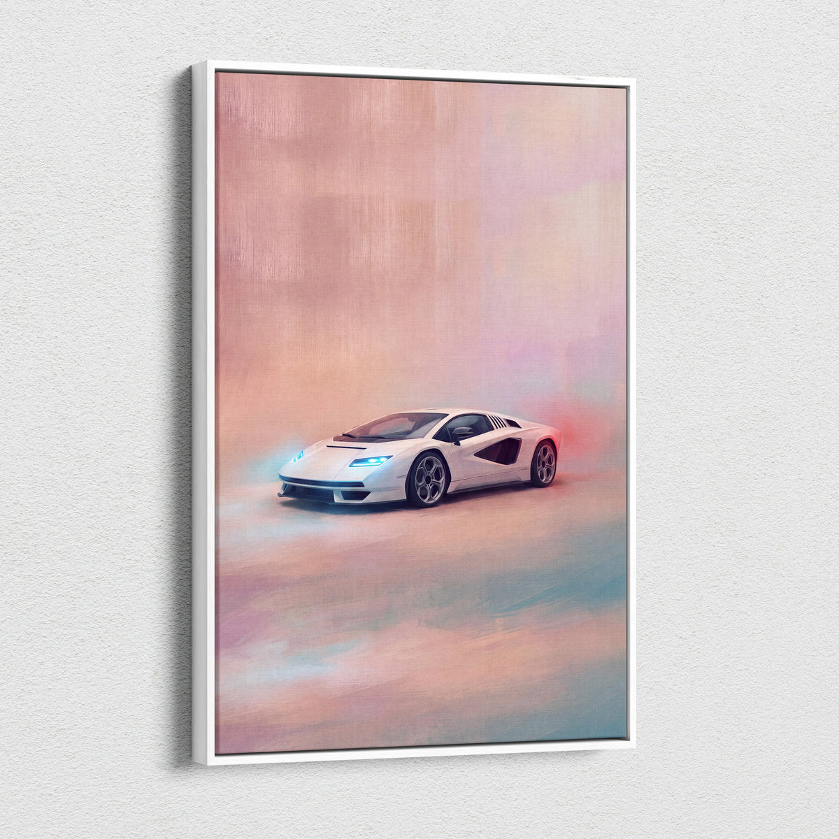 Lamborghini countach lpi 800-4 inspired car wall art featuring a white sports car with glowing blue headlights on canvas