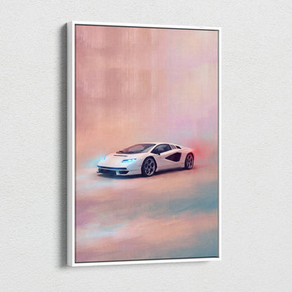 Lamborghini countach lpi 800-4 inspired car wall art featuring a white sports car with glowing blue headlights on canvas