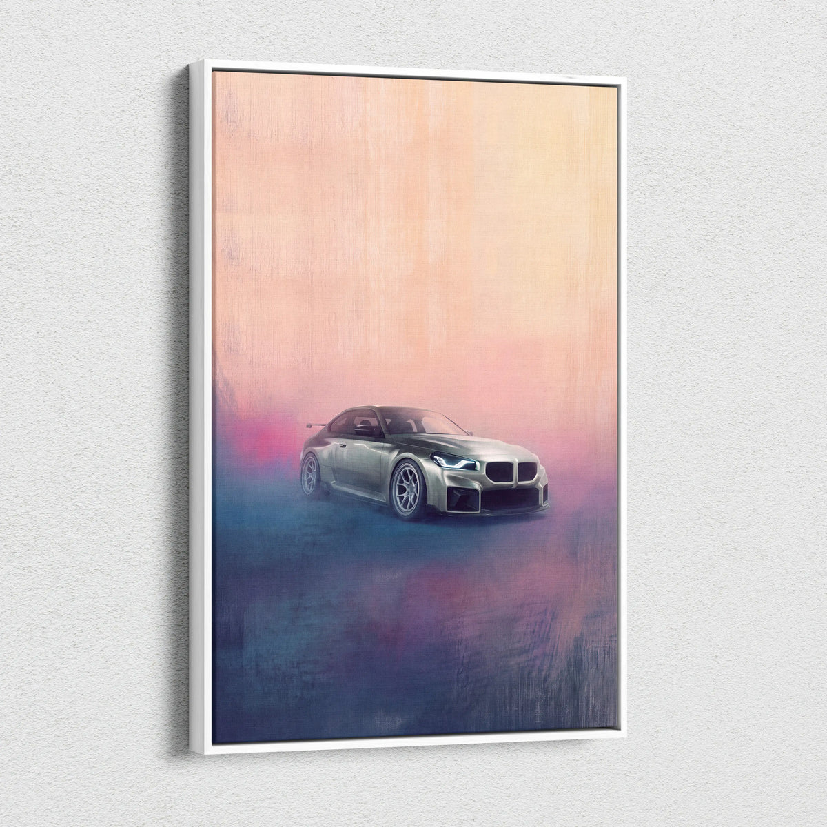 Silver BMW M2 sports car wall art featuring high performance German coupe on vibrant pink and blue canvas print