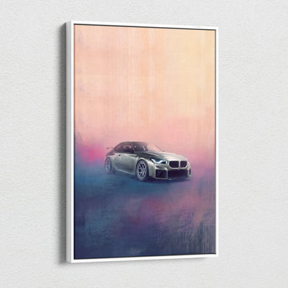 Silver BMW M2 sports car wall art featuring high performance German coupe on vibrant pink and blue canvas print