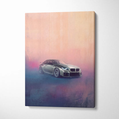 A sleek silver BMW M4 coupe stylized painting with gradient pink and blue effects high performance German coupe canvas print