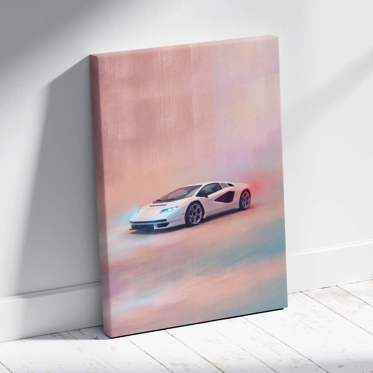 White lamborghini countach lpi 800-4 inspired canvas print featuring a sleek sports car with glowing blue headlights