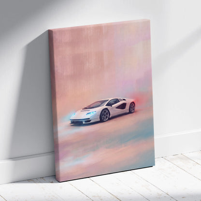 White lamborghini countach lpi 800-4 inspired canvas print featuring a sleek sports car with glowing blue headlights