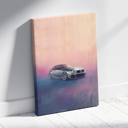 Silver bmw m5 canvas print featuring high performance german coupe against peach and blue gradient sky background