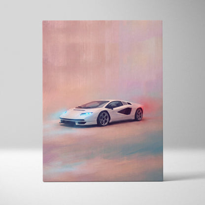 White lamborghini countach lpi 800-4 inspired sports car wall art with glowing blue and red accents on canvas print
