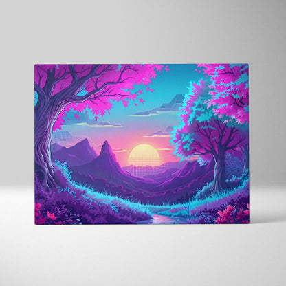 Neon Vaporwave Sunset Canvas - Vaporwave Landscape Neon Pink Living Room Synthwave Dreamy Neon Mood, Retro Futurism