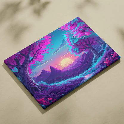 Neon Vaporwave Sunset Canvas - Vaporwave Landscape Neon Pink Living Room Synthwave Dreamy Neon Mood, Retro Futurism