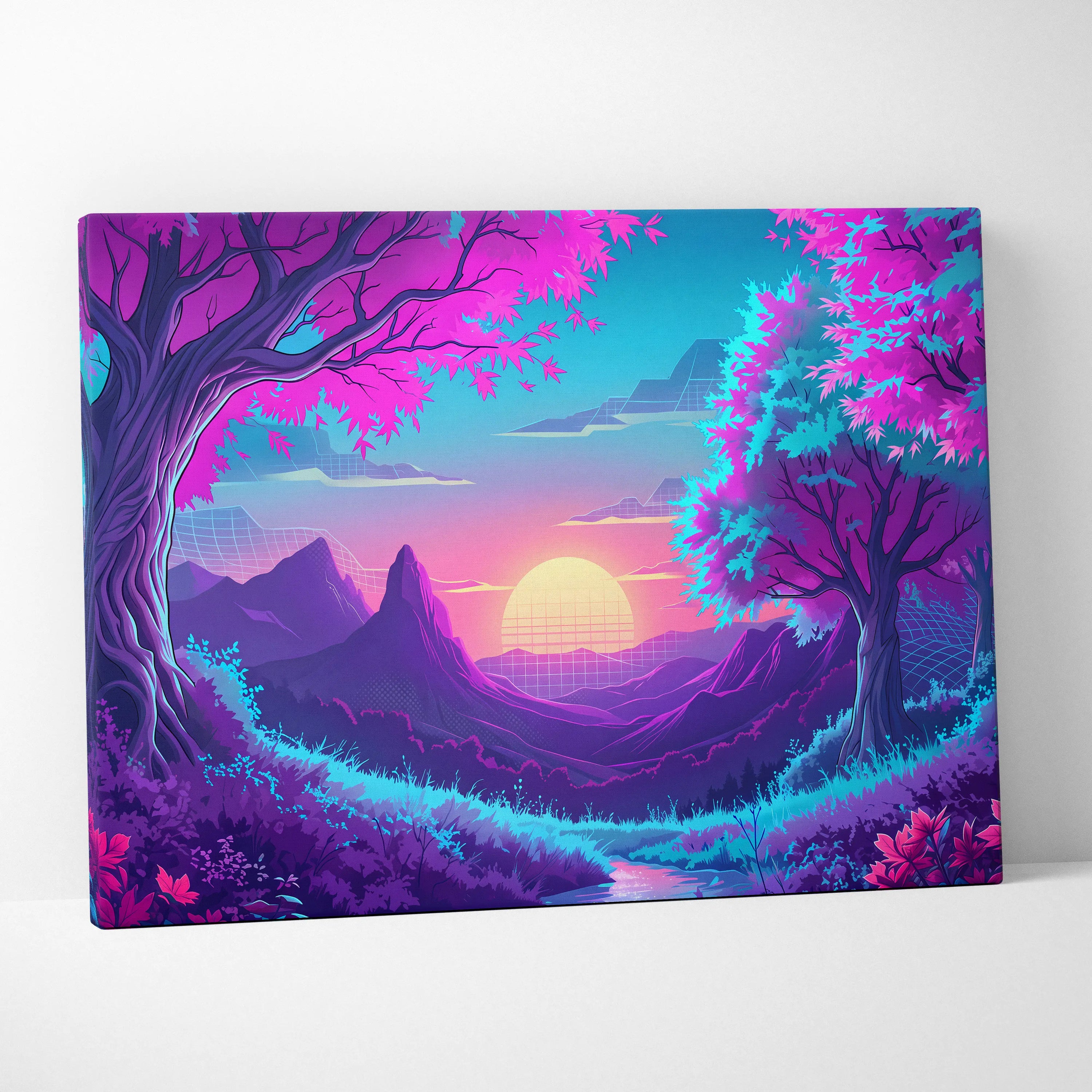 Neon Vaporwave Sunset Canvas - Vaporwave Landscape Neon Pink Living Room Synthwave Dreamy Neon Mood, Retro Futurism