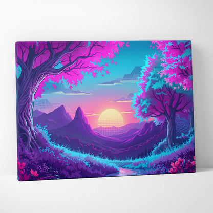 Neon Vaporwave Sunset Canvas - Vaporwave Landscape Neon Pink Living Room Synthwave Dreamy Neon Mood, Retro Futurism