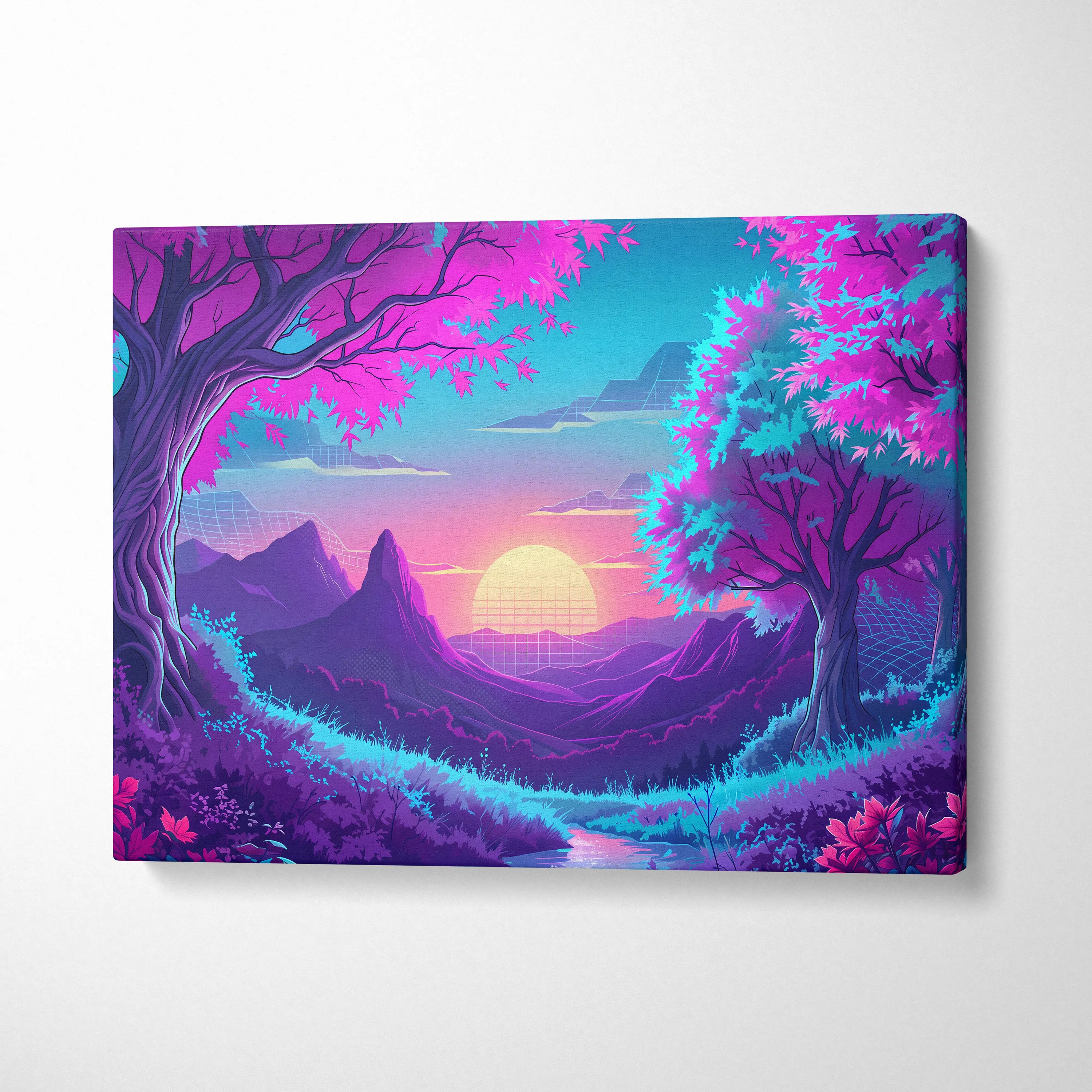 Neon Vaporwave Sunset Canvas - Vaporwave Landscape Neon Pink Living Room Synthwave Dreamy Neon Mood, Retro Futurism