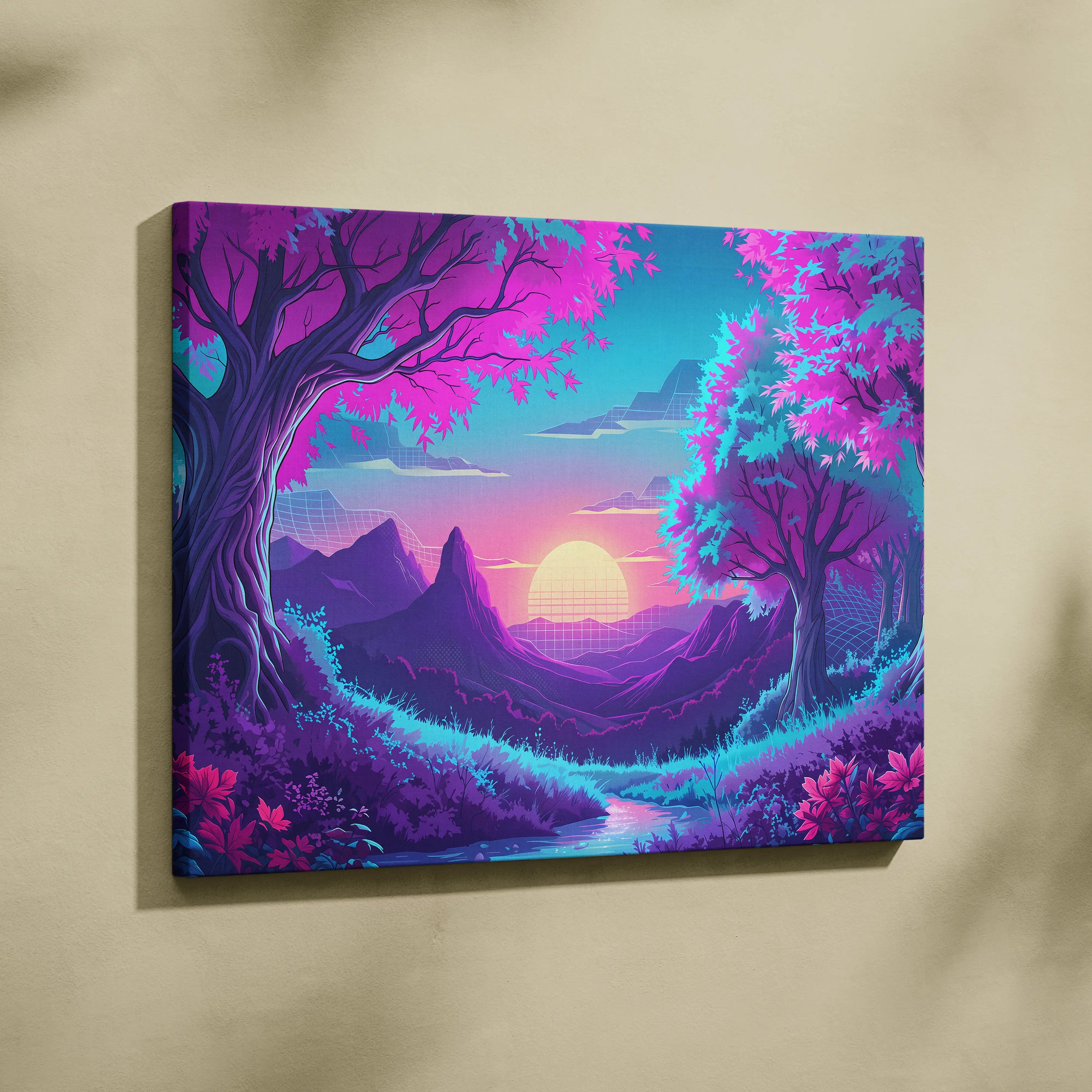 Neon Vaporwave Sunset Canvas - Vaporwave Landscape Neon Pink Living Room Synthwave Dreamy Neon Mood, Retro Futurism