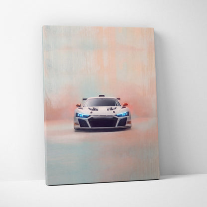 Audi R8 LMS GT3 inspired white racing car canvas art with blue headlights and red side mirrors for custom wall decor