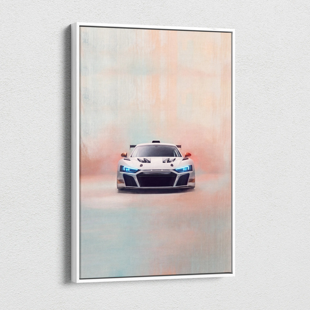 White framed canvas print featuring a sleek futuristic audi r8 lms gt3 inspired race car with glowing blue headlights