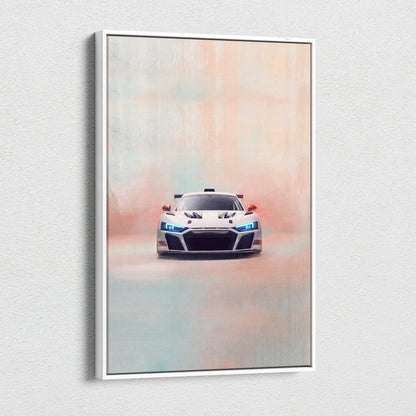 White framed canvas print featuring a sleek futuristic audi r8 lms gt3 inspired race car with glowing blue headlights