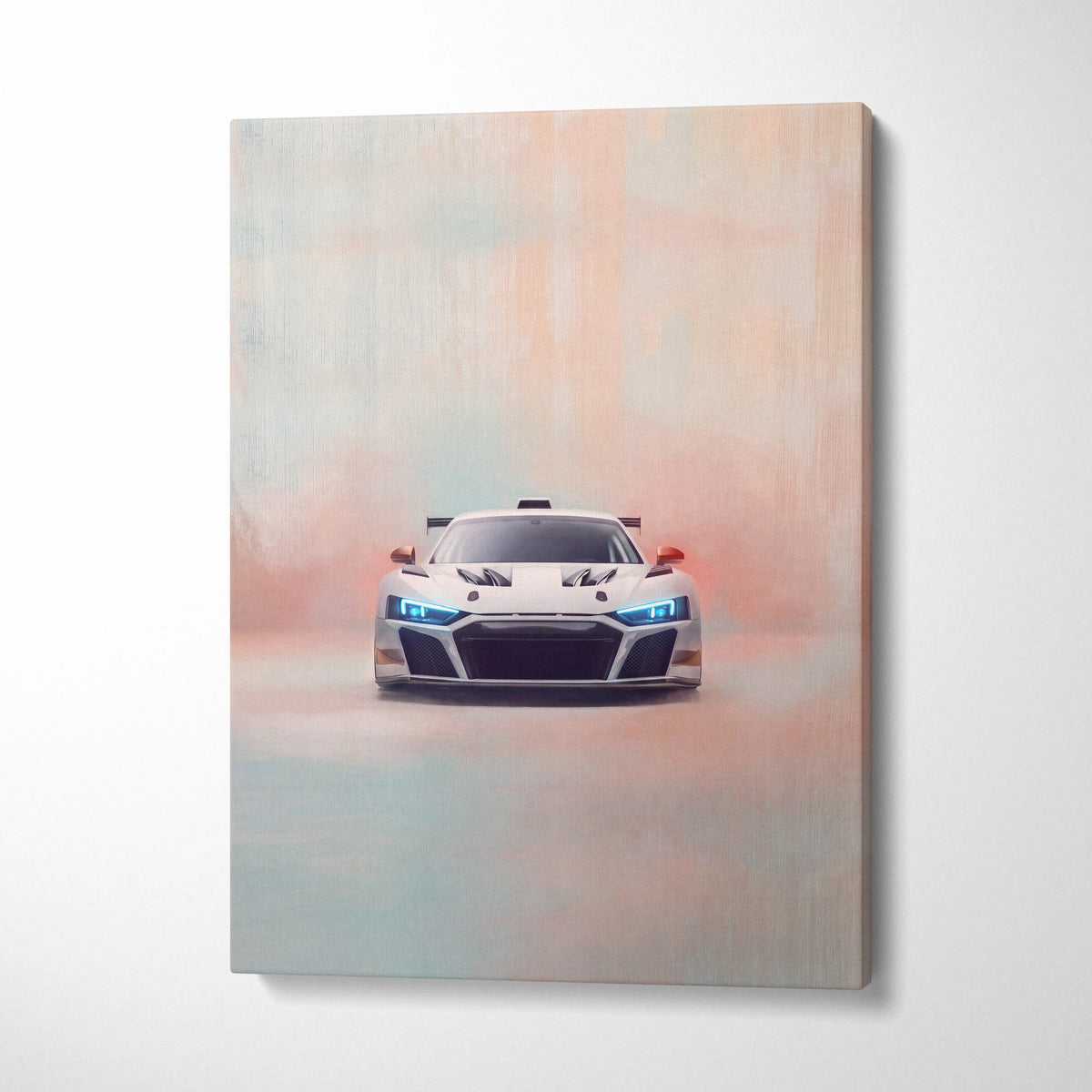 White audi r8 race car with glowing blue headlights and red side mirrors on canvas audi r8 lms gt3 inspired art print