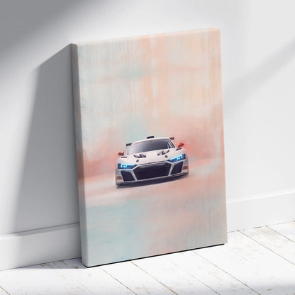 White audi r8 race car canvas art with glowing blue headlights on misty background for custom wall decor