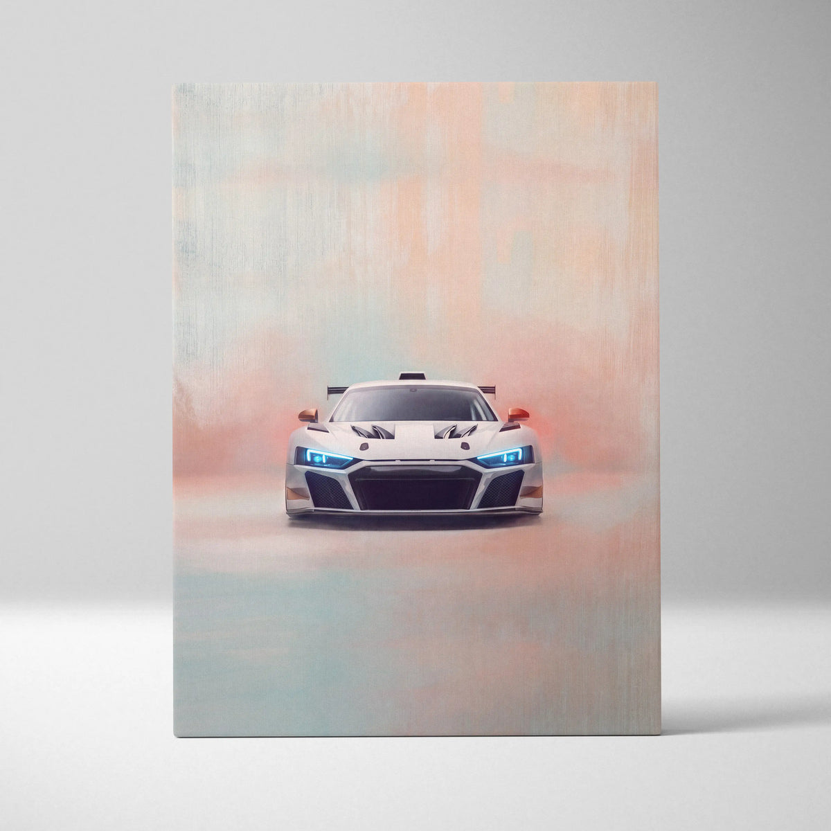 White Audi R8 LMS GT3 inspired supercar canvas art with blue headlights and orange mirrors for custom car wall decor