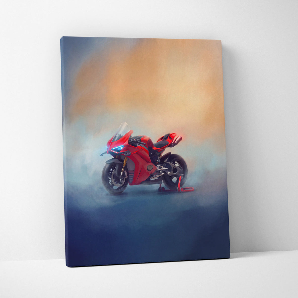 Red ducati panigale v4s inspired supersport canvas print with glowing blue headlights and smoky gradient background